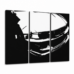 Immagine POP Art dipinta a mano di BMW M3 3 pezzi bmw – Visualizzazione 3D del quadro dipinto a mano su sfondo bianco. Colori dominanti: nero, bianco.