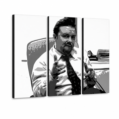 Immagine POP Art The Office dipinta a mano in 3 parti. – Visualizzazione 3D del quadro dipinto a mano su sfondo bianco. Colori dominanti: nero, bianco, grigio.