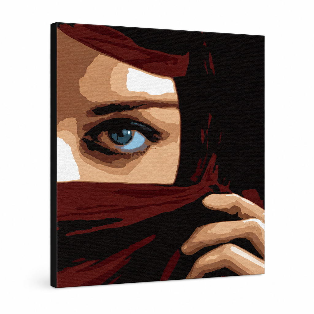 Occhio POP Art dipinto a mano 1 pezzo di pittura dell'occhio – Visualizzazione 3D del quadro dipinto a mano su sfondo bianco. Colori dominanti: marrone, nero, verde, rosso, blu.