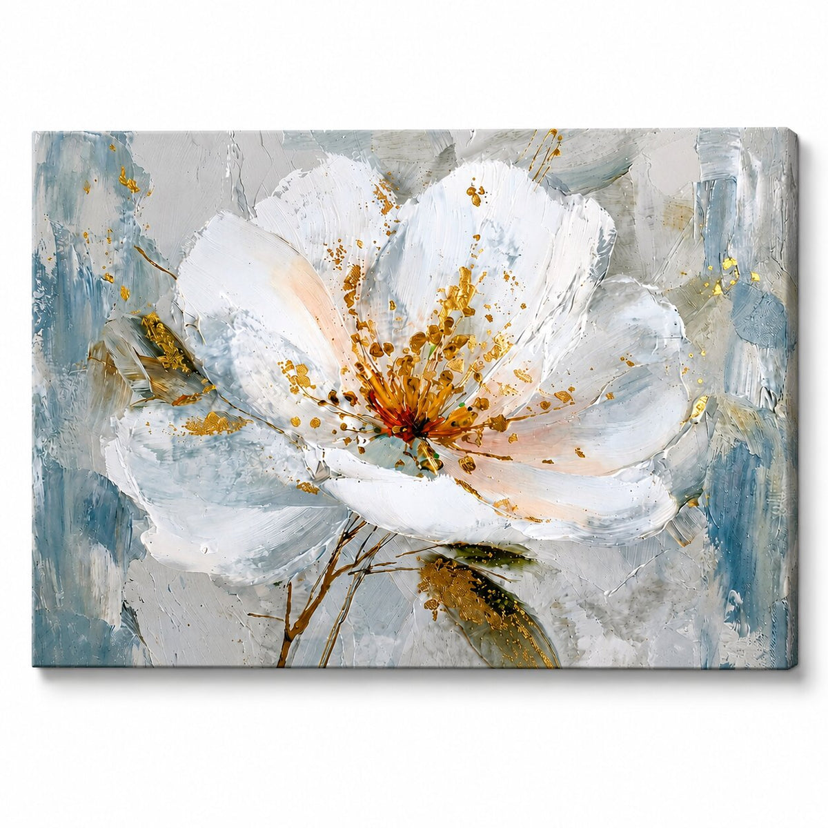 Quadro Papilora FIORE D'AMORE, tela dipinta a mano con effetto 3D, colori bianco, blu e oro per un tocco di eleganza moderna.