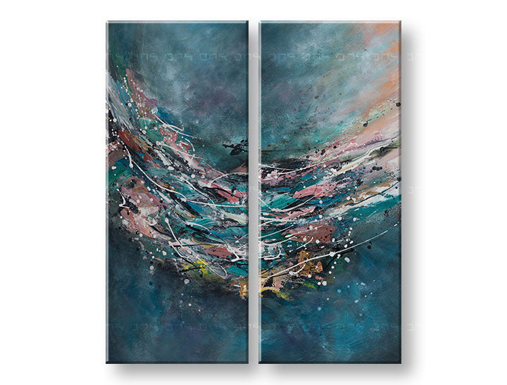 Dipinto astratto su tela con sfumature blu, rosa e turchese, Papilora.