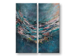 Dipinto astratto su tela con sfumature blu, rosa e turchese, Papilora.