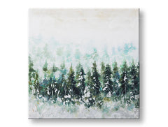 Dipinto a mano su tela, Papilora: foresta nebbiosa in verde, bianco e blu tenue.