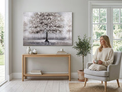 Quadro dipinto per parete ALBERO 90x60 cm – quadro dipinto a mano in un interno elegante (Mid-century warm) | wall mockup | tela premium | Papilora.sk