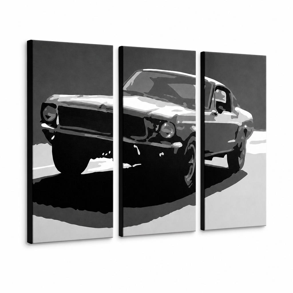 Pittura POP Art dipinta a mano BULLIT Bul in 3 parti – Visualizzazione 3D del quadro dipinto a mano su sfondo bianco. Colori dominanti: nero, bianco, grigio.