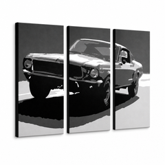 Pittura POP Art dipinta a mano BULLIT Bul in 3 parti – Visualizzazione 3D del quadro dipinto a mano su sfondo bianco. Colori dominanti: nero, bianco, grigio.