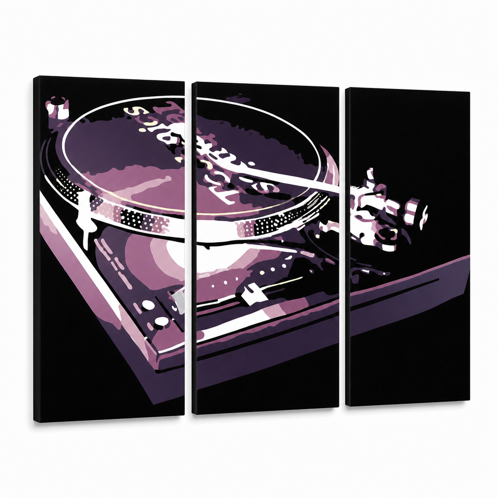 Pittura POP Art dipinta a mano DJ 3 pezzi – Visualizzazione 3D del quadro dipinto a mano su sfondo bianco. Colori dominanti: nero, viola, bianco.