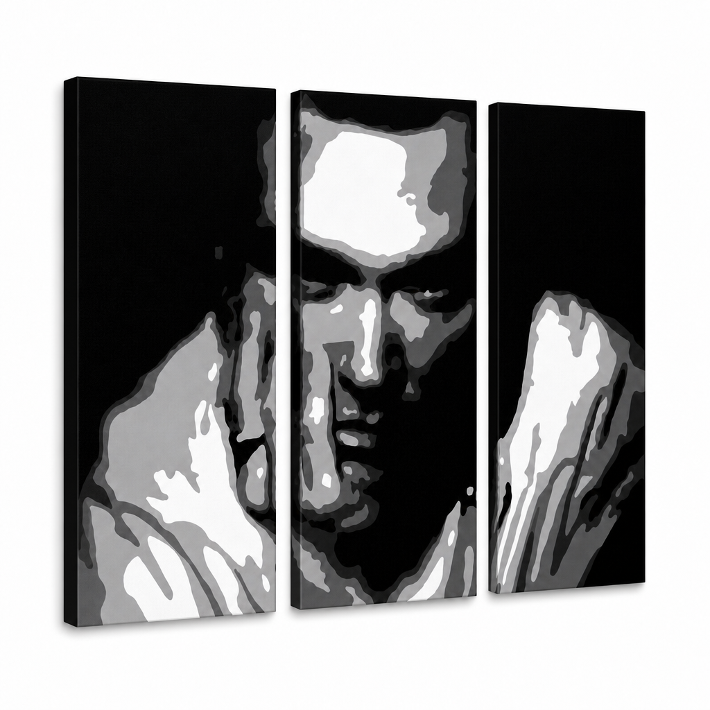 Pittura POP Art dipinta a mano Morrisey 3 pezzi di peste – Visualizzazione 3D del quadro dipinto a mano su sfondo bianco. Colori dominanti: nero, bianco, grigio.