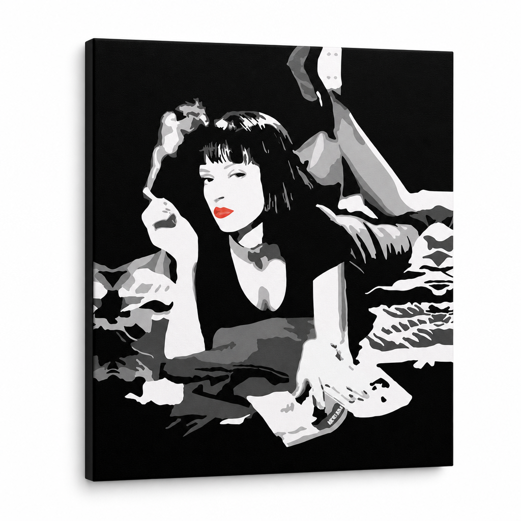 Pittura POP Art dipinta a mano PULP FICTION 1 pezzo pulp6 – Visualizzazione 3D del quadro dipinto a mano su sfondo bianco. Colori dominanti: nero, bianco, rosso.