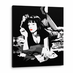 Pittura POP Art dipinta a mano PULP FICTION 1 pezzo pulp6 – Visualizzazione 3D del quadro dipinto a mano su sfondo bianco. Colori dominanti: nero, bianco, rosso.