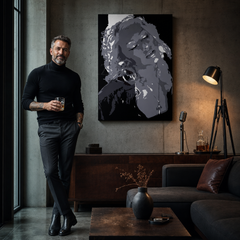 POP Art Christina Aguilera dipinta a mano 1 pezzo ca – quadro in un moderno interno maschile, visualizzazione lifestyle. Colori dominanti: nero, grigio, bianco.