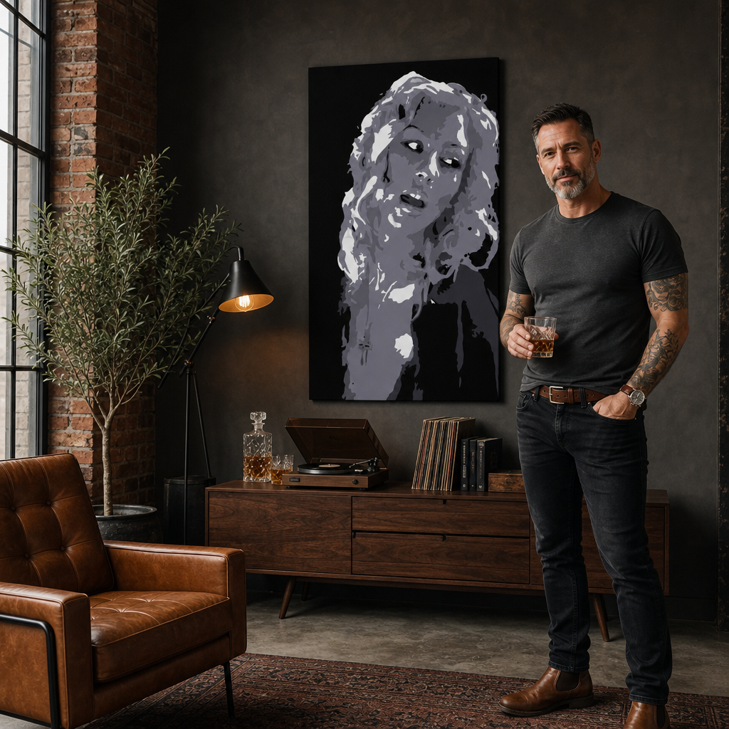 POP Art Christina Aguilera dipinta a mano 1 pezzo ca2 – quadro in un moderno interno maschile, visualizzazione lifestyle. Colori dominanti: nero, bianco, grigio.