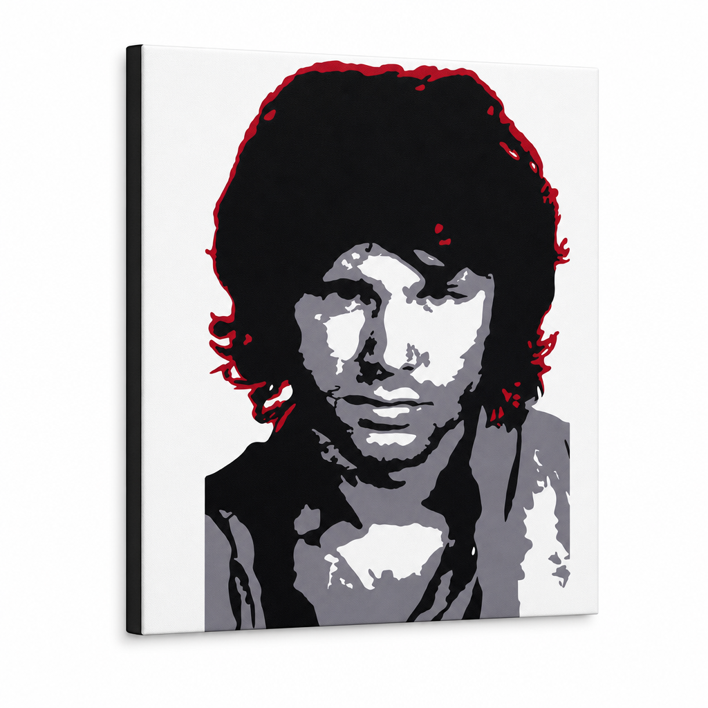 POP Art Jim Morrison dipinto a mano 1 pezzo jm – Visualizzazione 3D del quadro dipinto a mano su sfondo bianco. Colori dominanti: nero, bianco, grigio, rosso.