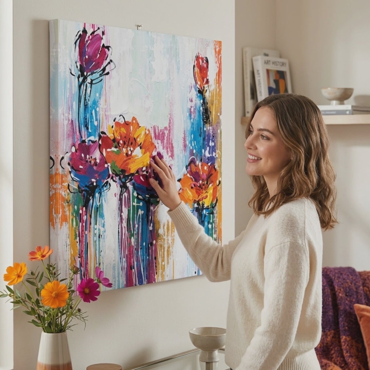 L'immagine su tela ABSTRAKT 1 parte. Decor moderno da parete, quadro su tela per il soggiorno, una donna ammira l'opera in un interno elegante luminoso. Papilora (XOBCHAB015).