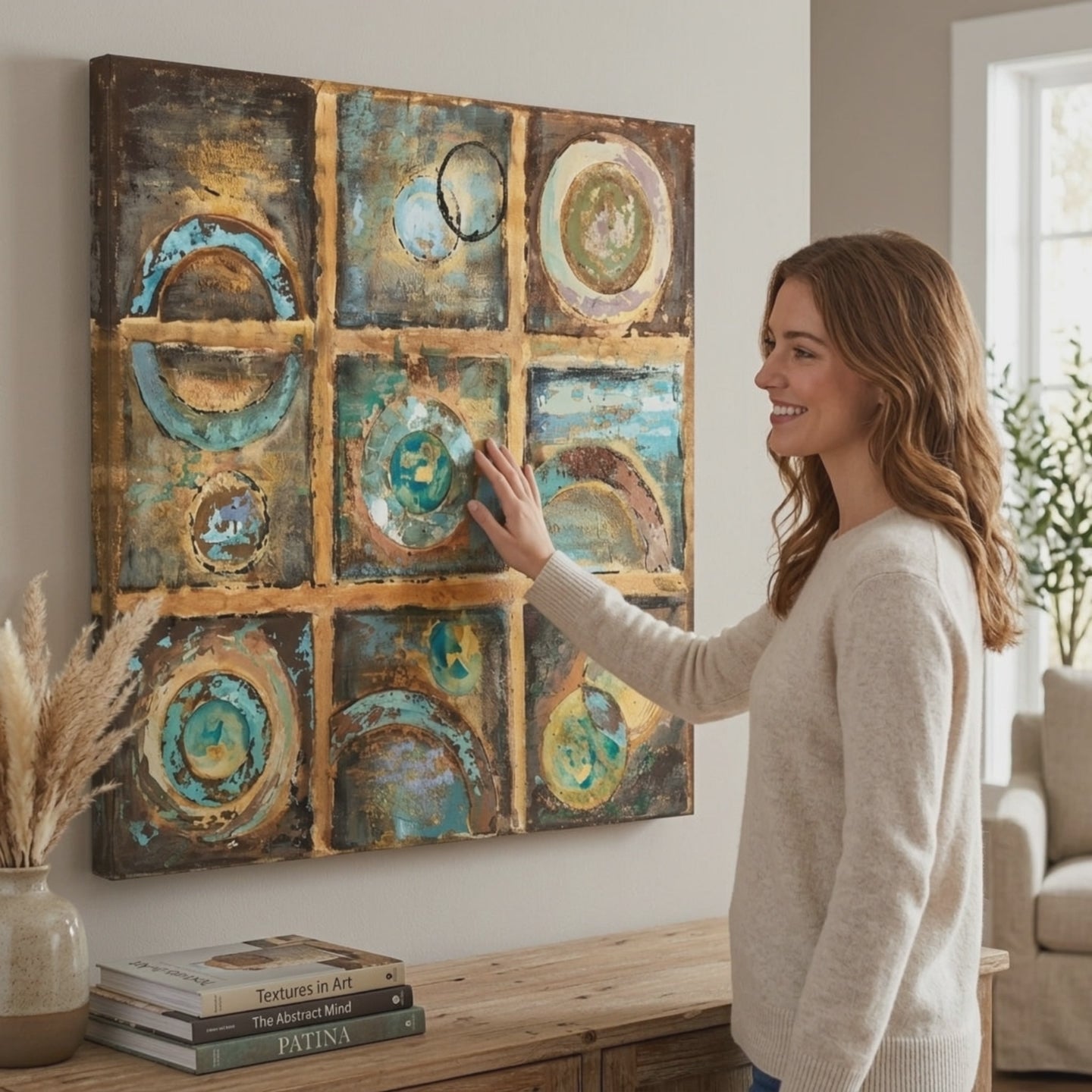 L'immagine su tela ABSTRAKT 1 parte. Decor moderno da parete, quadro su tela per il soggiorno, una donna ammira l'opera in un interno elegante luminoso. Papilora (XOBCHAB004).