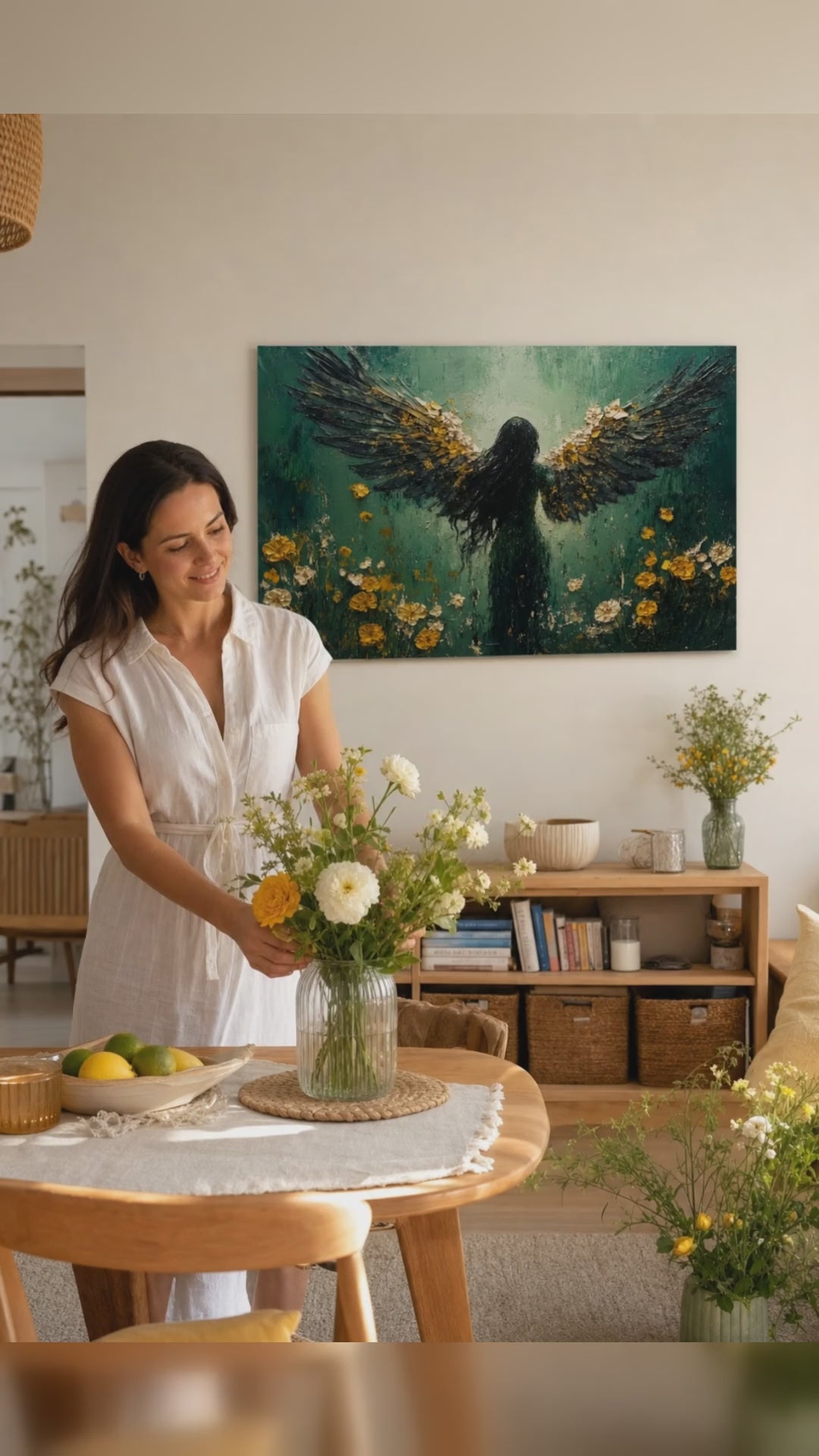 Dipinti di angeli La luce della speranza – rifinito a mano dall'artista. Dipinto premium rifinito ad acrilico, decor moderno da parete per il soggiorno, una donna ammira l'opera in un interno elegante luminoso. Papilora Premium Art (XOGMDPA162E1).