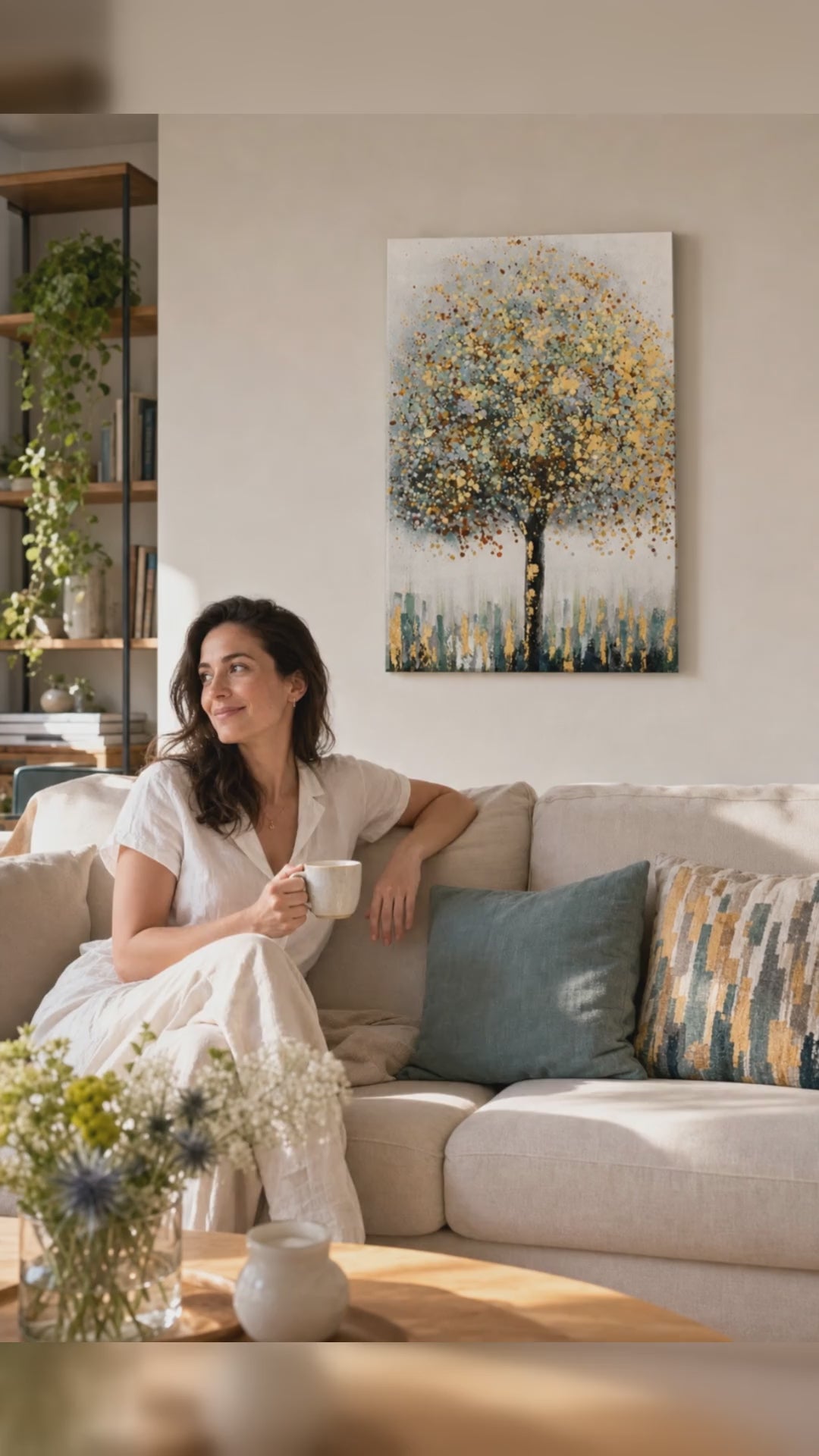 Quadro murale dipinto STROM 1 parte - 60x90 cm. Dipinto a mano originale su tela, decor autentico per interni, una donna ammira l'opera in un interno elegante luminoso. Papilora — Crafted for Home (CWF1826SDE1).