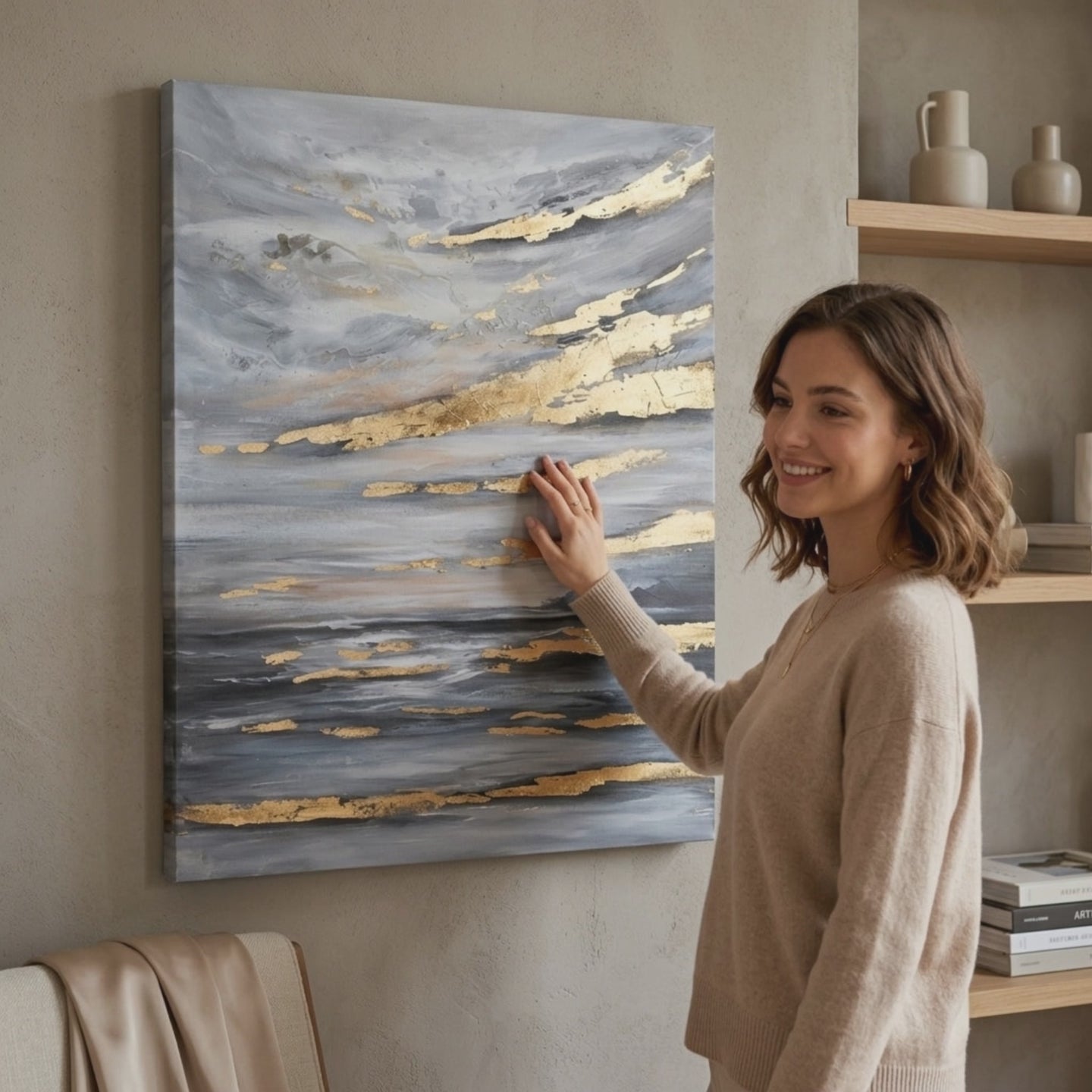 L'immagine su tela SKY 1 parte. Decor moderno da parete, quadro su tela per il soggiorno, una donna ammira l'opera in un interno elegante luminoso. Papilora (XOBCHAB031).