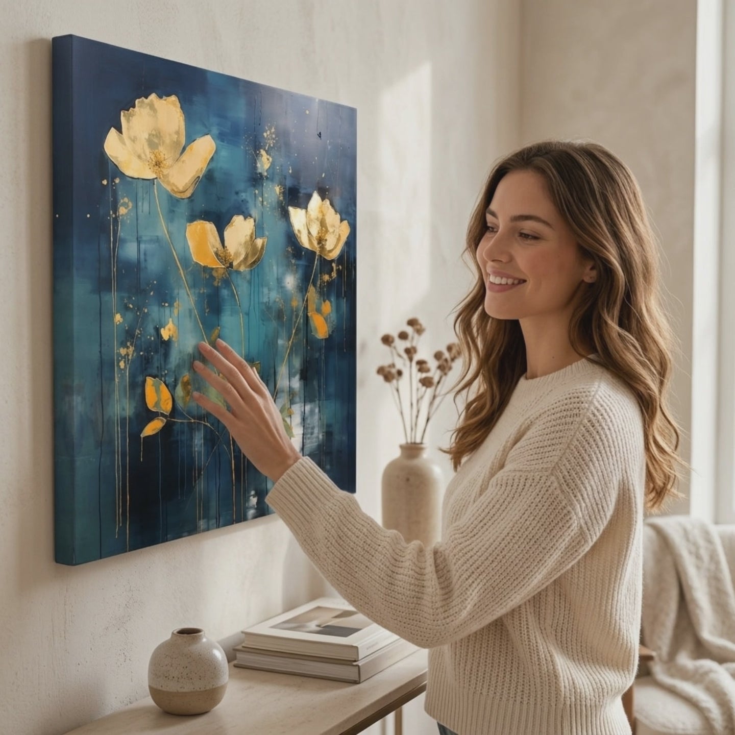 Eleganza senza tempo su tela Paesaggio dorato nei toni del blu. Decor moderno da parete, quadro su tela per il soggiorno, una donna ammira l'opera in un interno elegante luminoso. Papilora (XOBMDFL032E1).