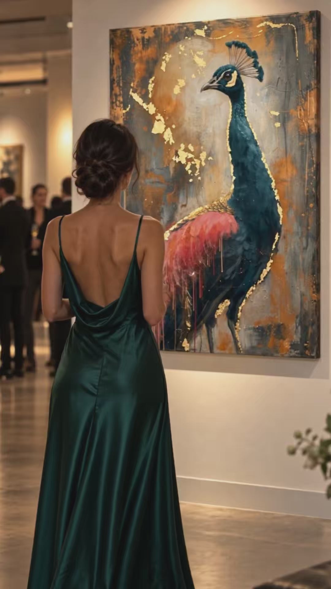 Video del quadro con pavone e dettagli dorati in galleria e in soggiorno