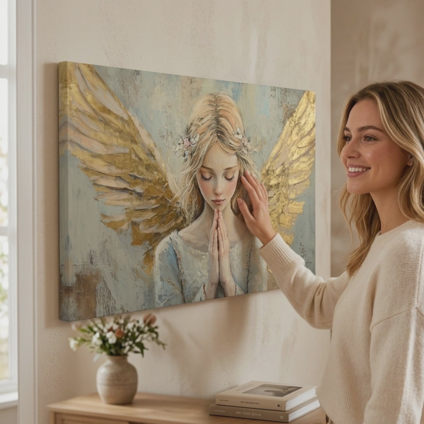 Dipinti di angeli Preghiera mattutina – rifinito a mano dall'artista. Dipinto premium rifinito ad acrilico, decor moderno da parete per il soggiorno, una donna ammira l'opera in un interno elegante luminoso. Papilora Premium Art (XOGMDPA158E1).