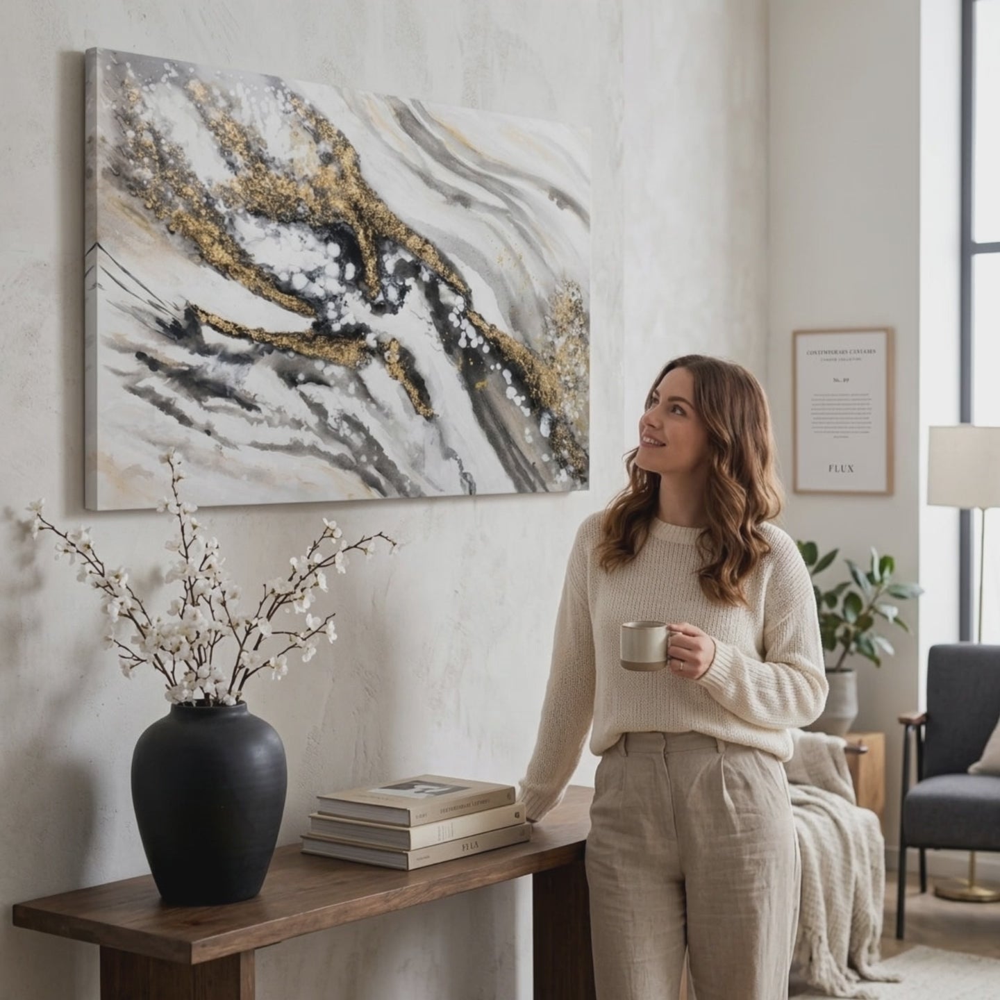 L'immagine su tela ABSTRAKT 1 parte. Decor moderno da parete, quadro su tela per il soggiorno, una donna ammira l'opera in un interno elegante luminoso. Papilora (XOBCHAB046).
