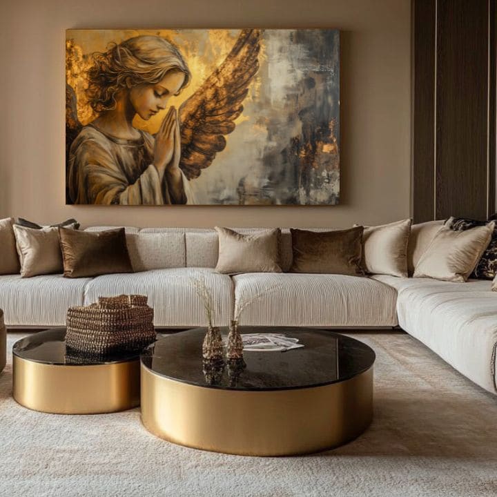 Dettaglio dell'artista al lavoro nell'Atelier LIPA: rifinitura a mano del quadro con angelo Preghiera di luce con vera foglia oro e colori acrilici.