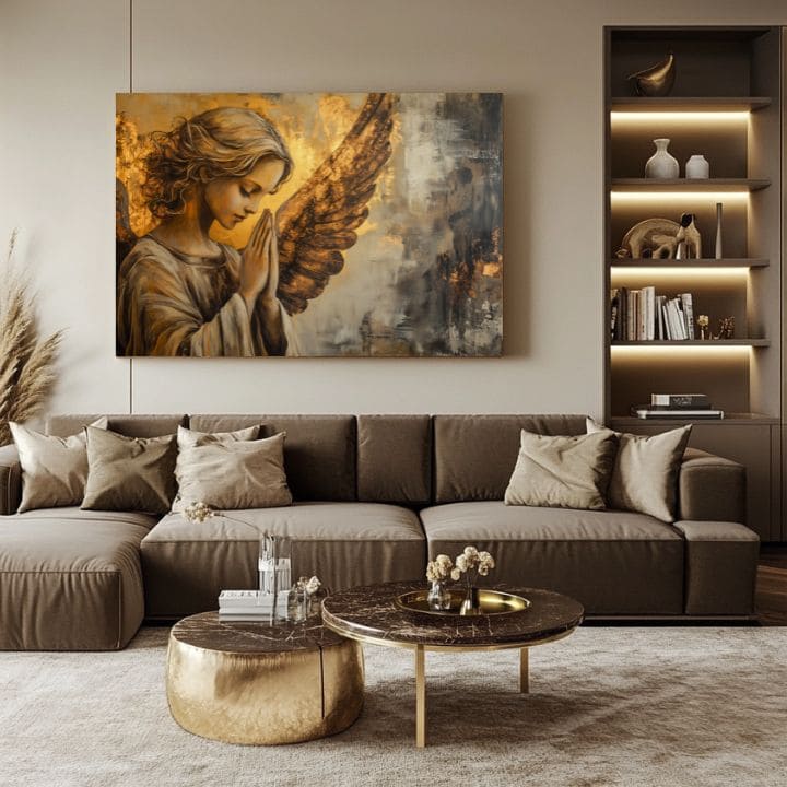 Quadro con angelo Preghiera di luce in un elegante soggiorno moderno, tela artigianale con dettagli in foglia oro per un arredo di lusso.