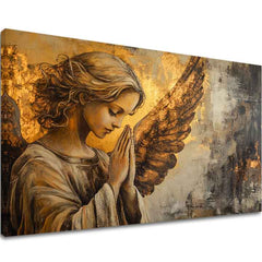 Quadro con angelo Preghiera di luce, tela rifinita a mano con foglia oro, toni caldi per un'atmosfera serena e raffinata, design unico firmato Papilora.