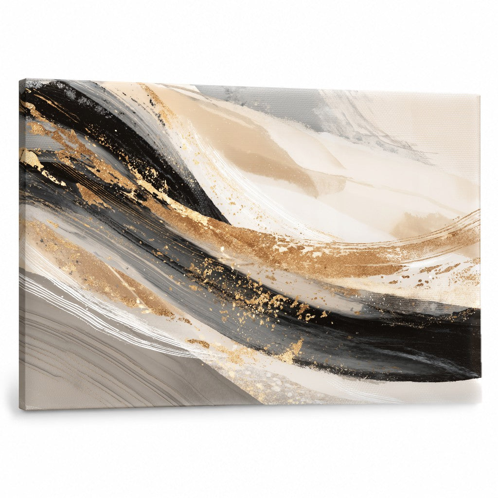 Quadro di astrazione beige e nera con onde dorate su tela