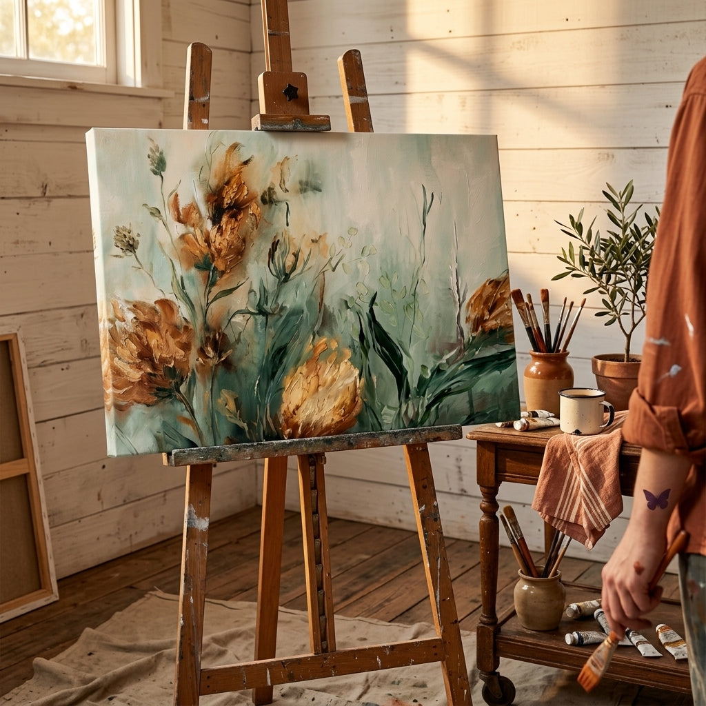 Artista nel laboratorio Papilora al lavoro su un quadro floreale astratto, luce naturale e cura artigianale per un'opera d'arte unica.
