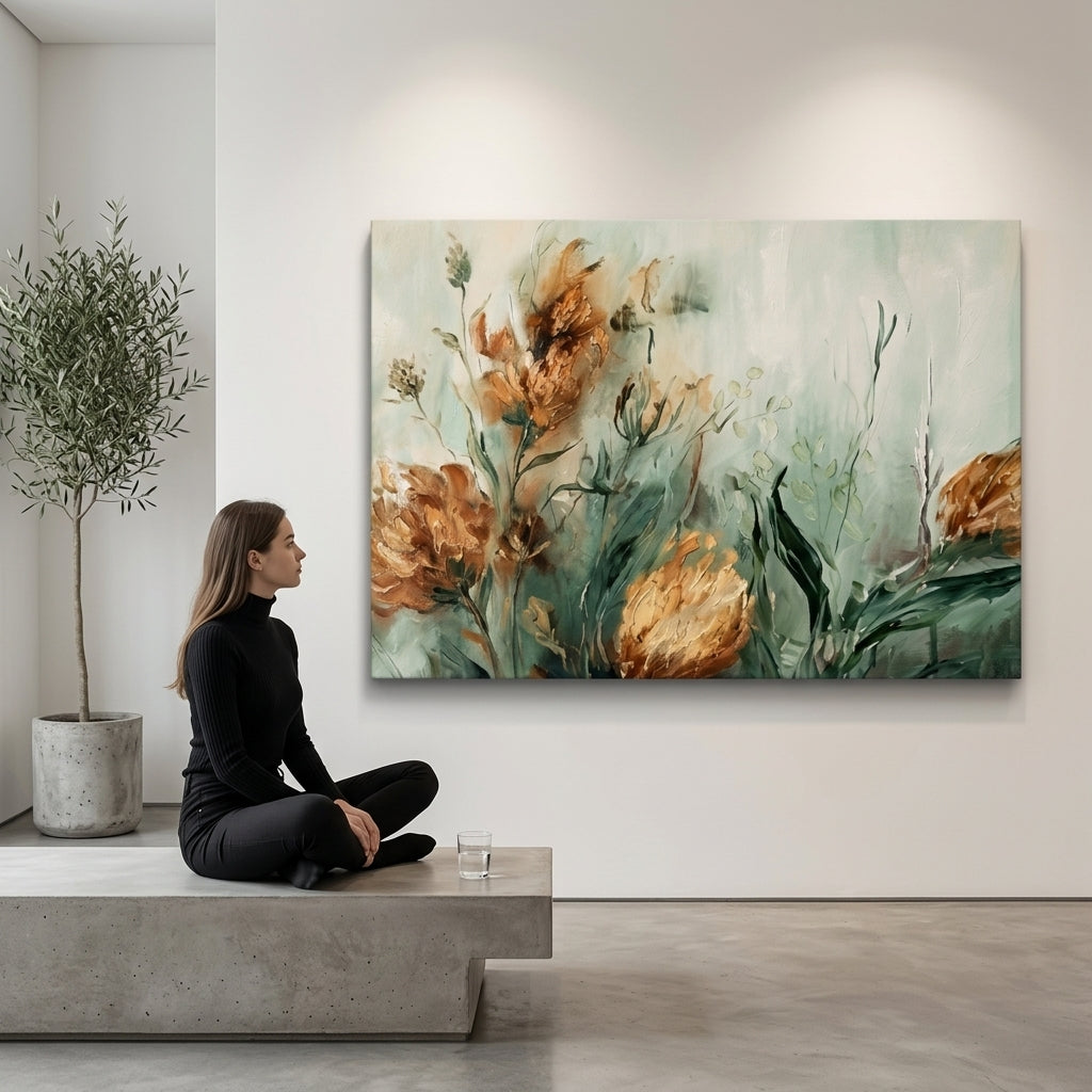 Quadro floreale astratto appeso sopra una consolle in un soggiorno moderno, stile minimalista con decorazioni naturali e atmosfera calda.