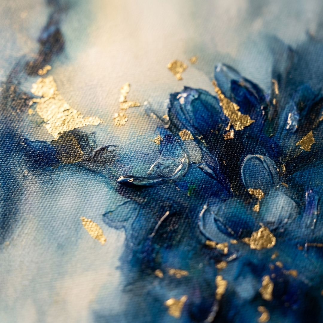 Dettaglio macro delle pennellate impasto dipinte a mano con colori acrilici, texture in rilievo su tela artistica.