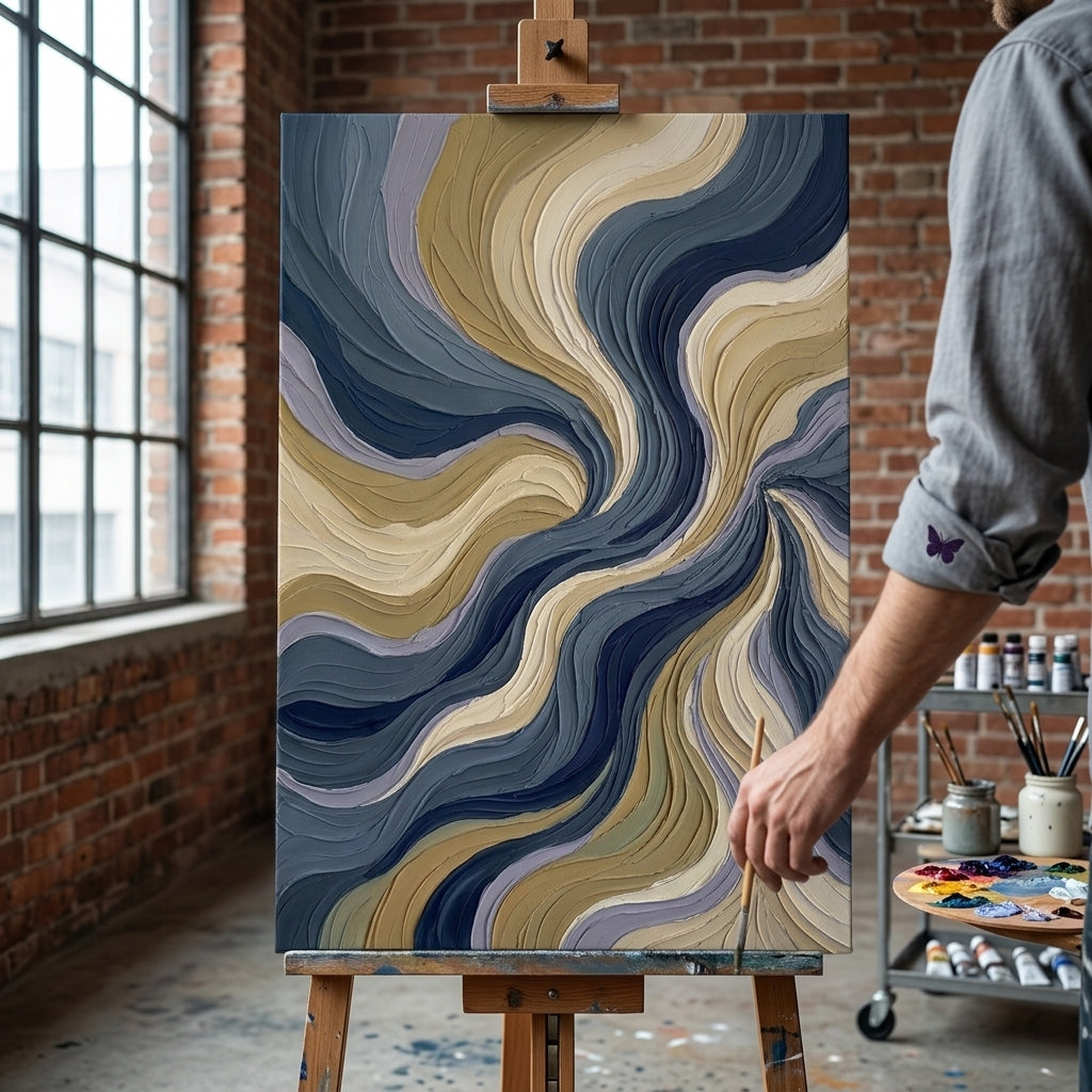 Artista nel laboratorio Papilora al lavoro su un quadro astratto con onde, illuminazione naturale per un'opera d'arte unica.