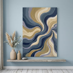 Quadro astratto con onde moderne appeso in un elegante soggiorno sopra una console in legno, decorazione d'interni di design.