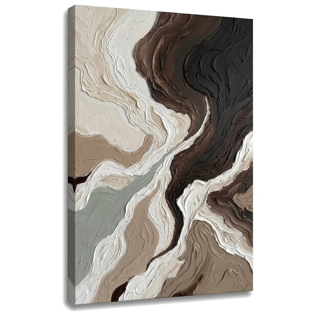 Quadro astratto con paesaggio e strati organici, stampa su tela 3D con telaio in legno a vista, design premium firmato Papilora.