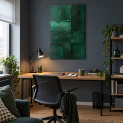 Quadro astratto verde smeraldo nello studio sopra la scrivania