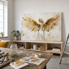 Artista nel laboratorio Papilora che rifinisce a mano un quadro con angelo utilizzando colori acrilici, luce naturale in atelier.