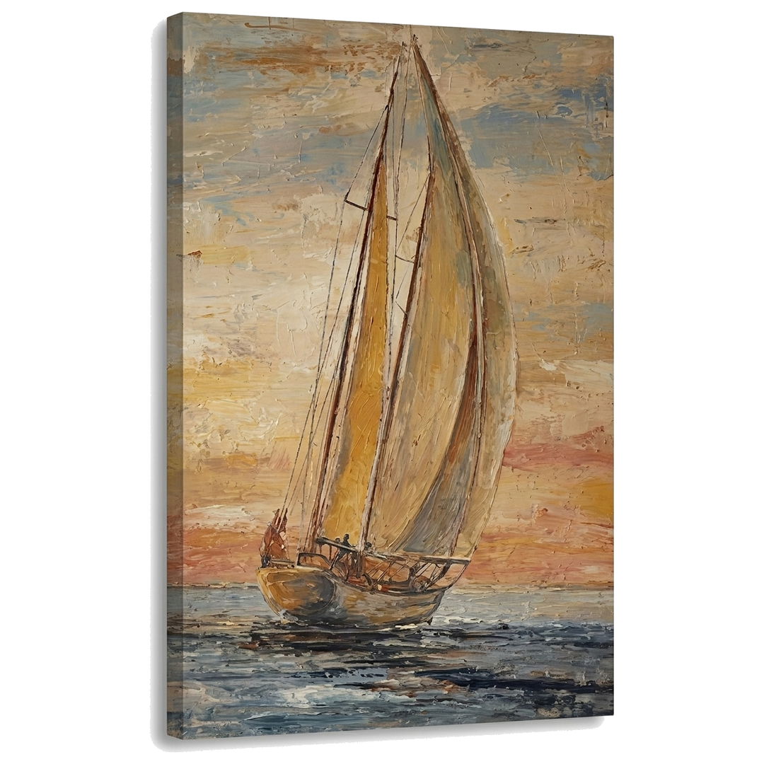 Visualizzazione 3D di un quadro con barca a vela al tramonto, tela di alta qualità con telaio in legno massiccio, stile Premium Art di Papilora.