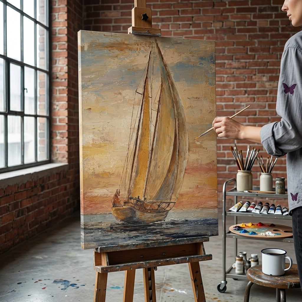 Artista al lavoro nell'atelier Papilora mentre rifinisce a mano un quadro con barca a vela, catturato con luce naturale per una qualità autentica.