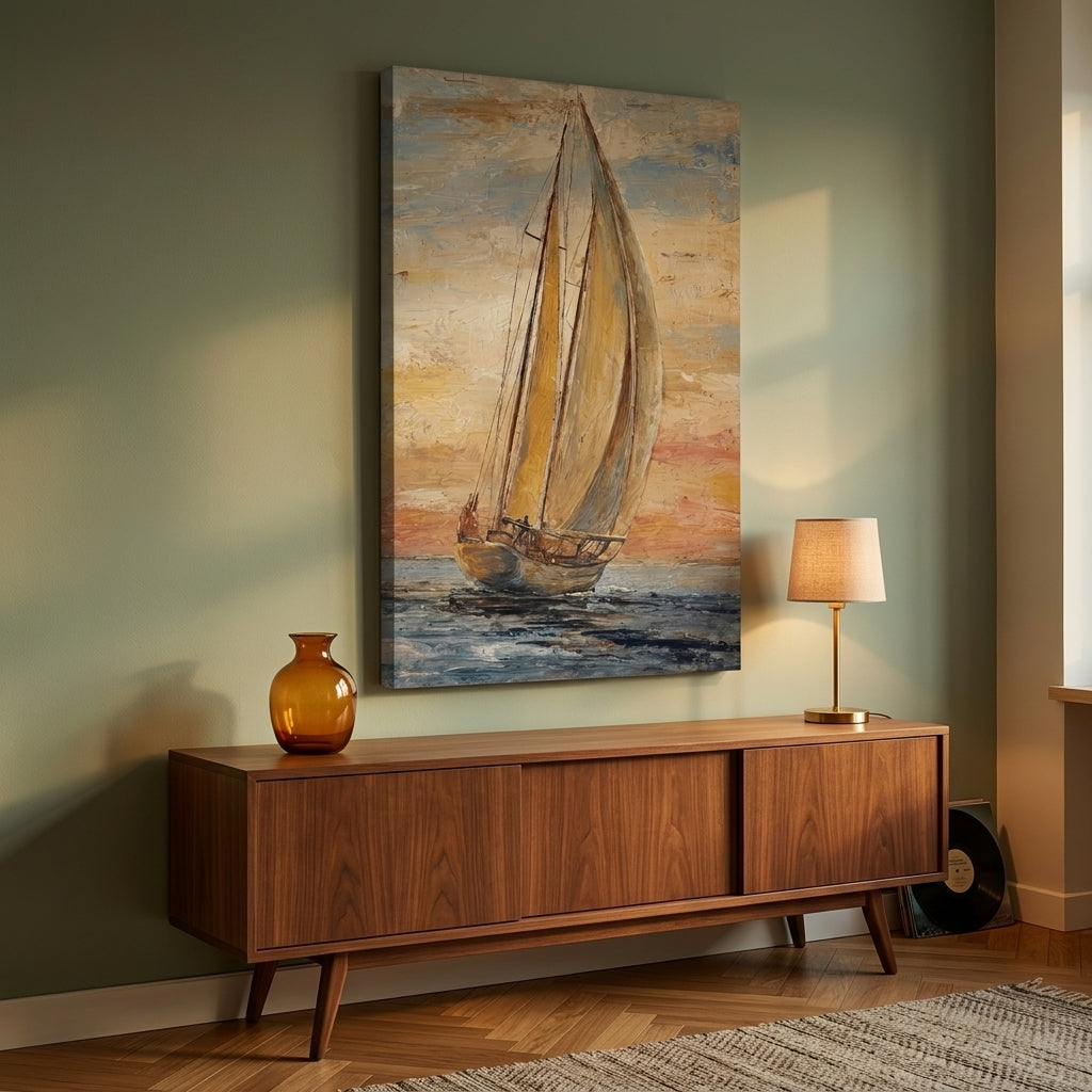 Quadro marino con barca a vela al tramonto esposto in un moderno soggiorno, sopra una console in legno, perfetto per decorazioni d'interni eleganti.