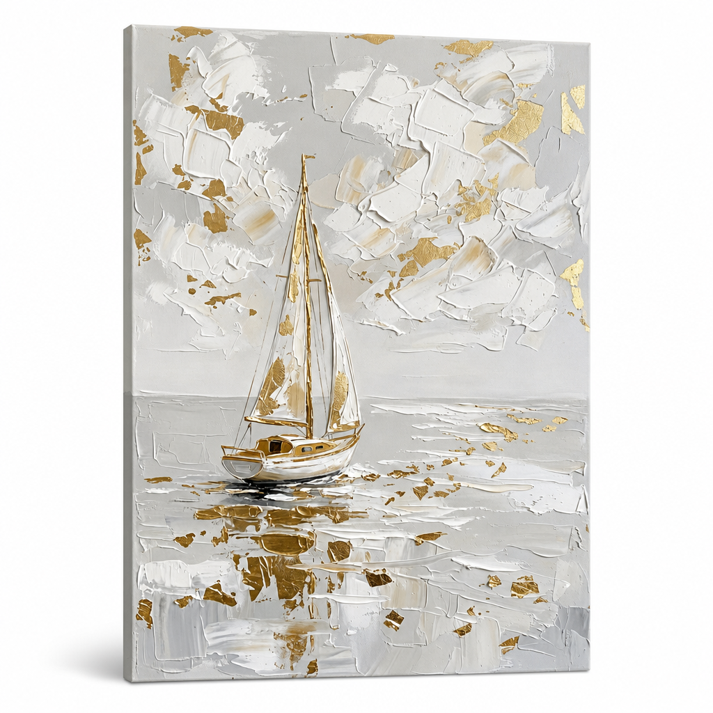 Quadro su tela con barca a vela solitaria su mare calmo, visualizzazione 3D con telaio in legno a vista, stile Premium Art by Papilora.