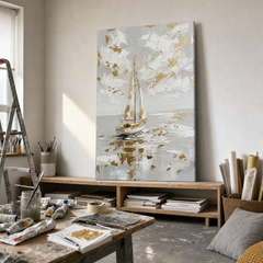 Quadro con barca a vela in lavorazione nel nostro atelier, rifinito a mano con acrilici sotto la luce naturale, arte artigianale di qualità.