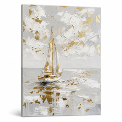 Quadro su tela con barca a vela solitaria su mare calmo, visualizzazione 3D con telaio in legno a vista, stile Premium Art by Papilora.