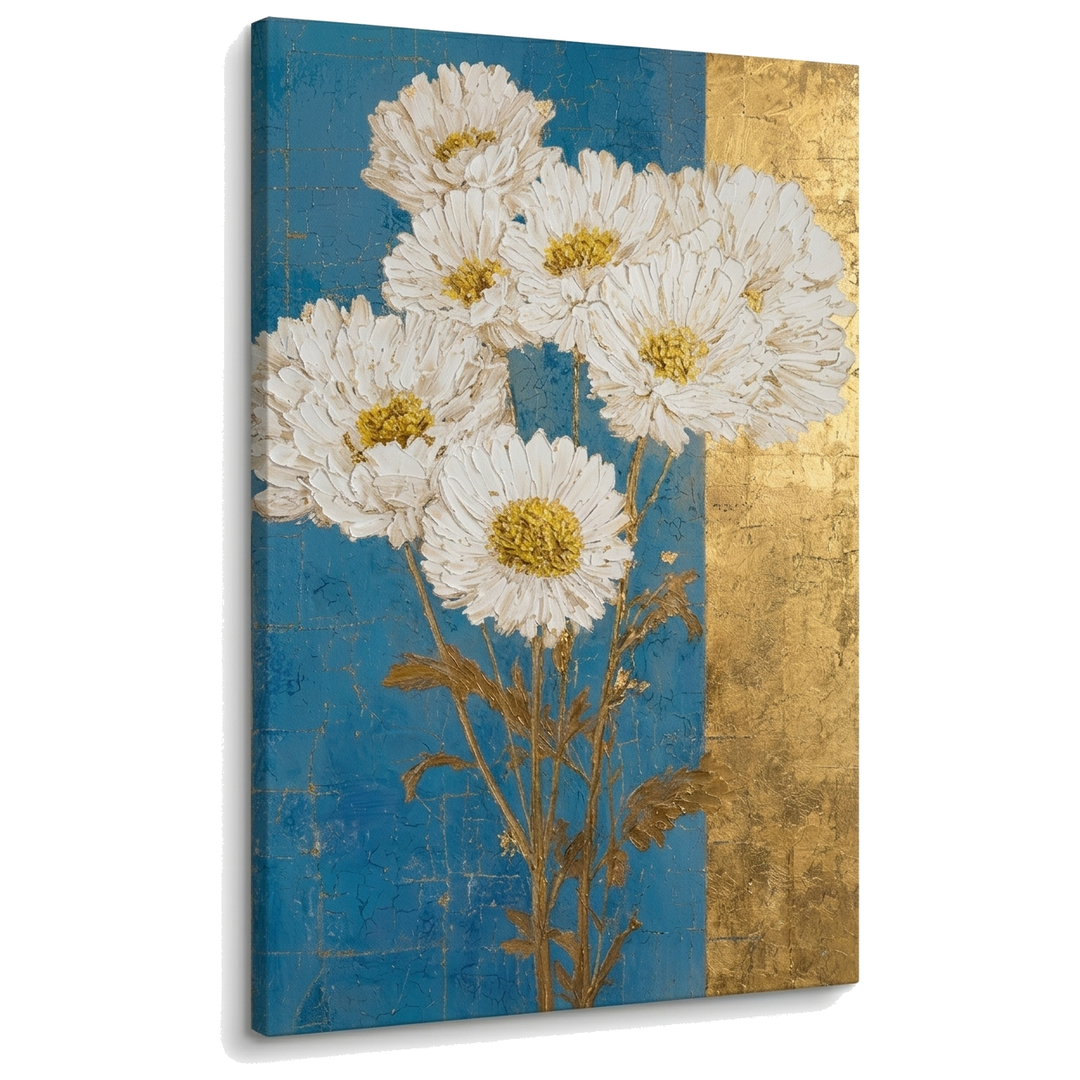 Quadro con bouquet di margherite bianche su tela: visualizzazione 3D del telaio in legno massiccio e finiture Premium Art di Papilora.