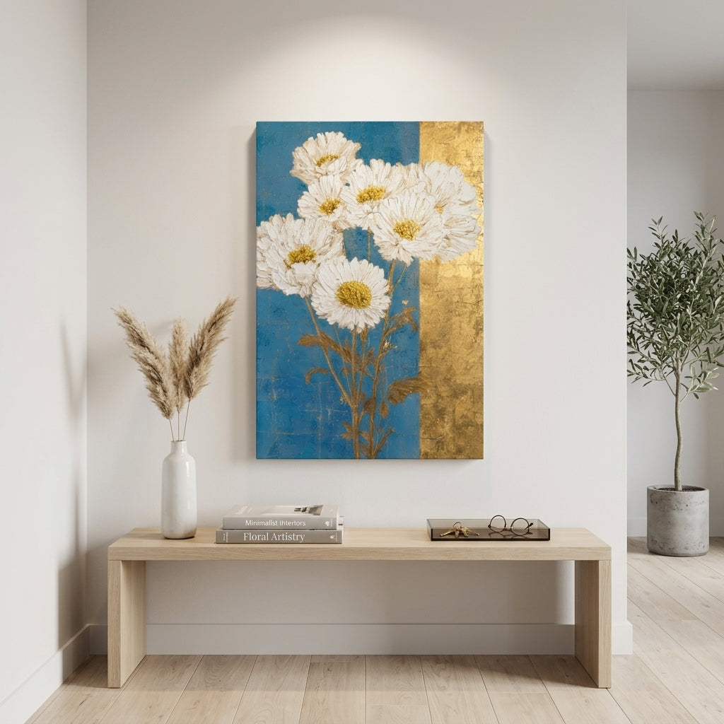 Elegante quadro con margherite bianche appeso in un moderno soggiorno, sopra una consolle in legno con decorazioni ricercate.