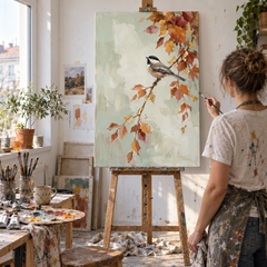 Quadro con cinciallegra in fase di rifinitura manuale con colori acrilici nell'atelier Papilora, illuminato da luce naturale.