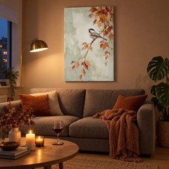 Quadro con cinciallegra autunnale appeso in un moderno soggiorno sopra una console, perfetto per un arredamento elegante e accogliente.
