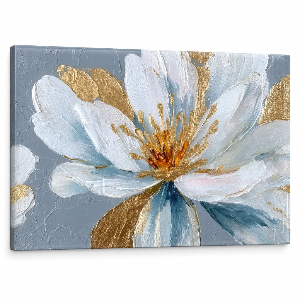 Quadro di un fiore bianco con petali blu e dorati su tela