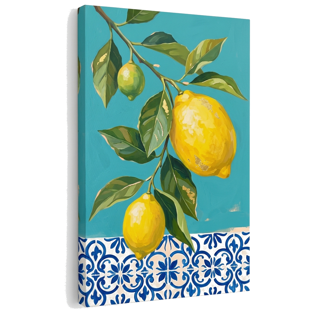 Quadro con motivo di limoni su tela – visualizzazione 3D del canvas con telaio in legno visibile, Papilora Premium Art.